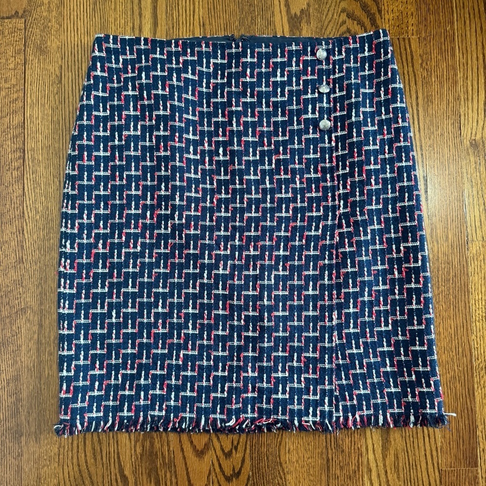 Talbots Navy Red White Faux Wrap Tweed Pencil Skirt Size 14